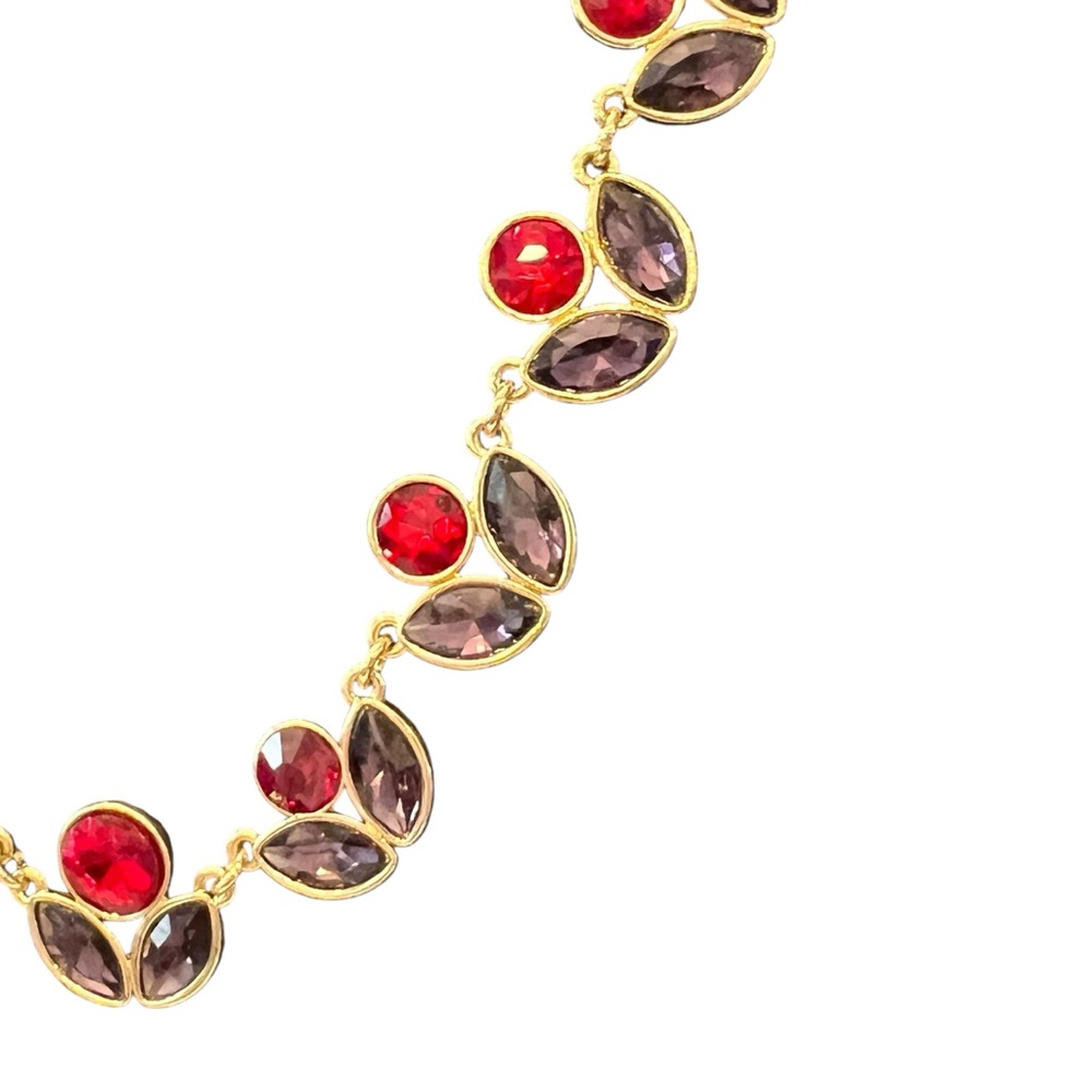 Liz Claiborne Statement Necklace Signed Red Purple Stone Flowers‎ Gold Tone 20” - Picture 13 of 14